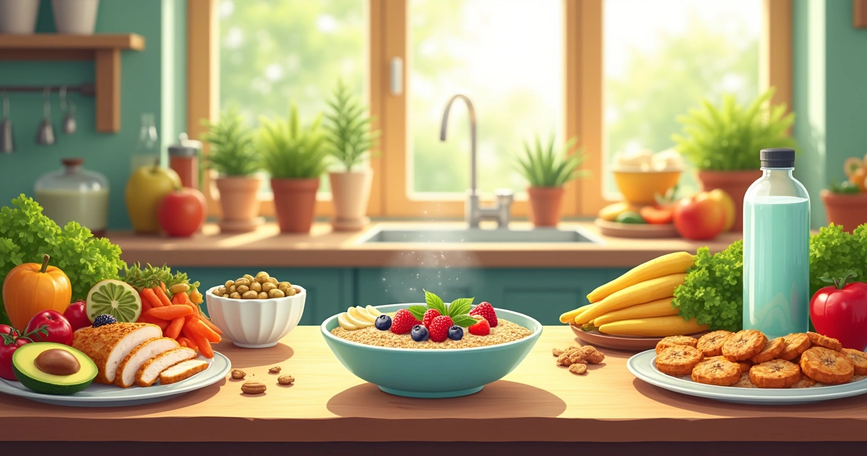 Cena de cozinha vibrante com alimentos saudáveis como aveia, frango grelhado, frutas e vegetais frescos.