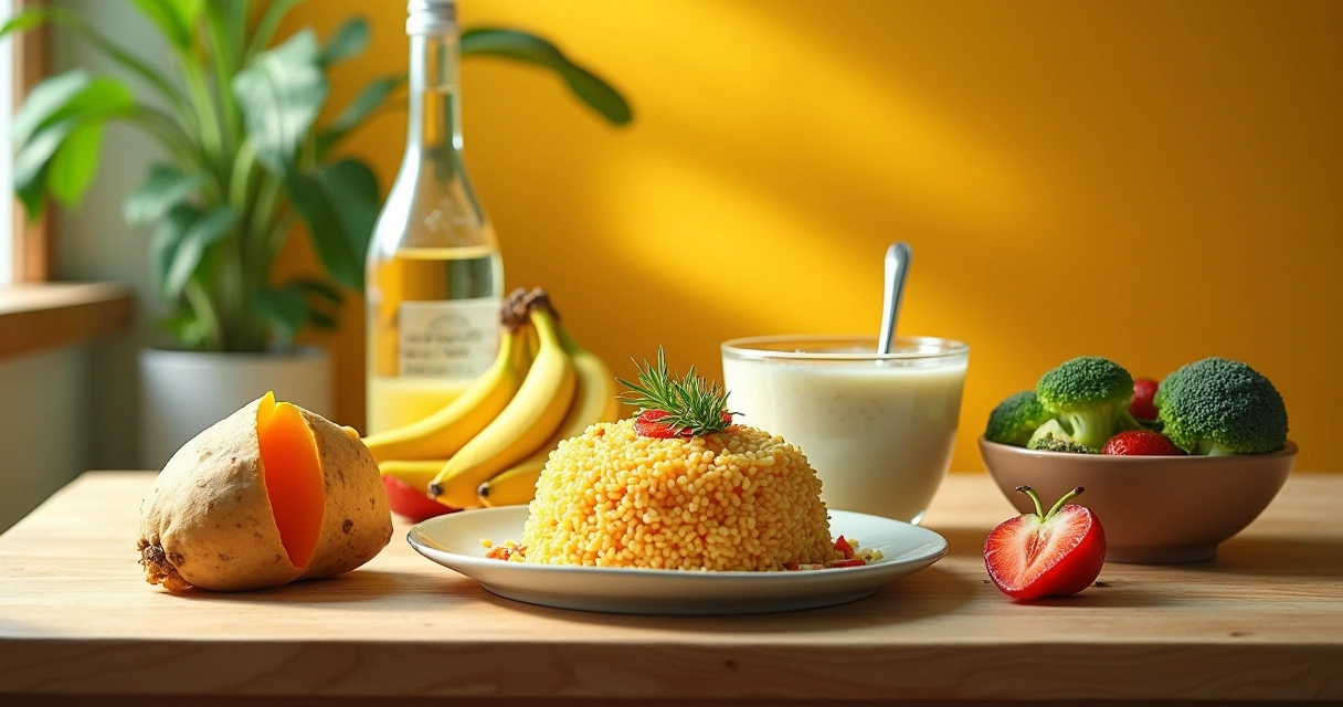 Mesa de madeira com arroz integral, batata-doce, iogurte com frutas e garrafinha de água.