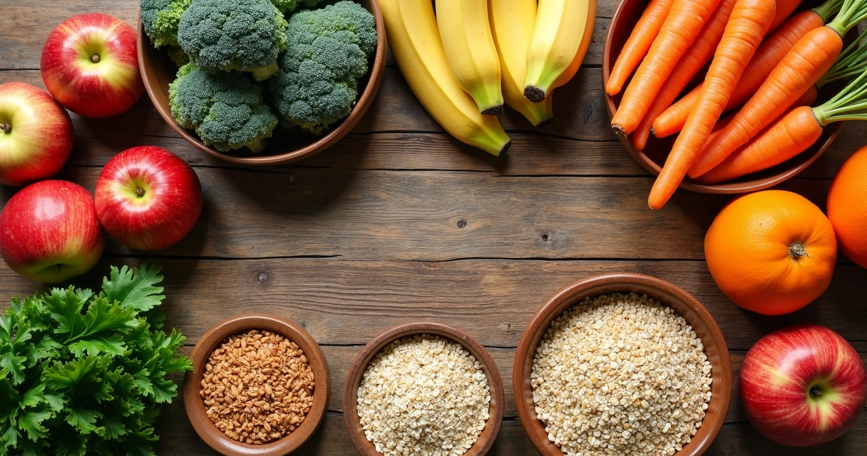 Mesa com frutas, legumes e grãos integrais vistos de cima 