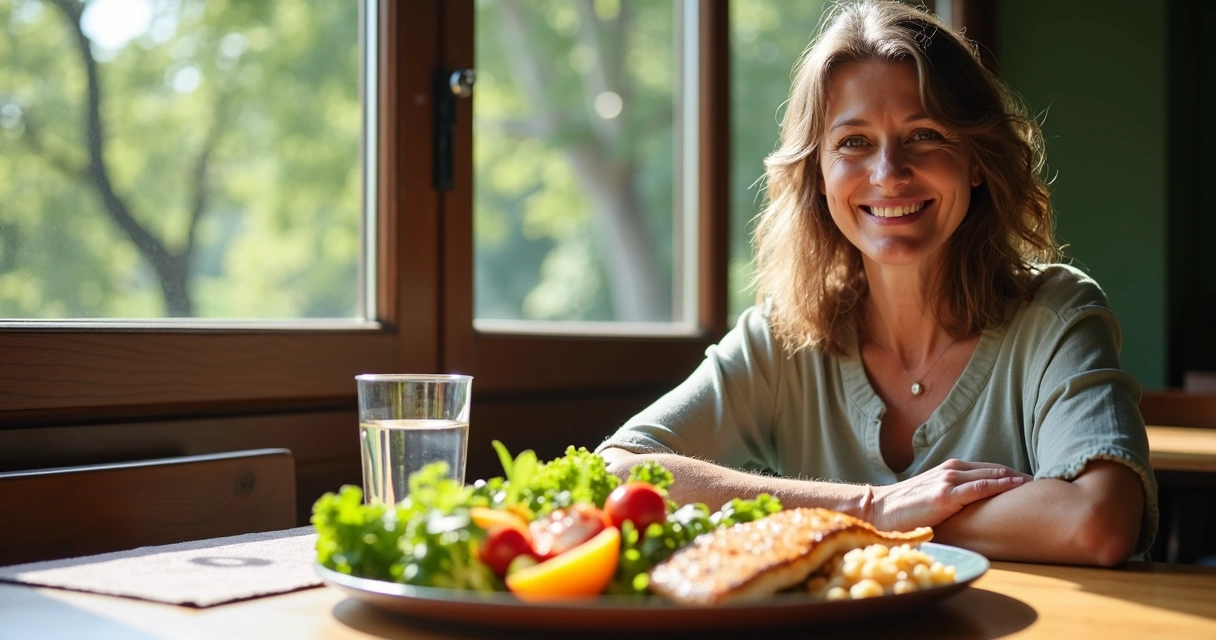 Prato colorido com vegetais, proteína magra e mulher sorrindo à mesa em Manaus 