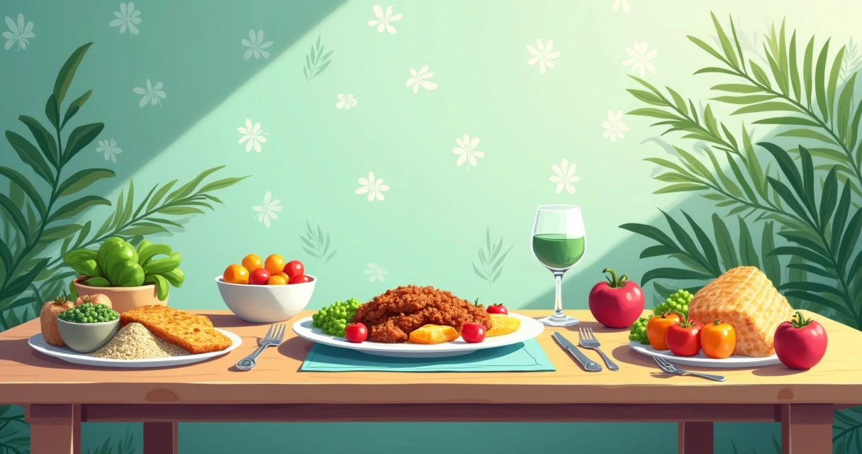 Prato saudável com carne, peixe e legumes em mesa de jantar com frutas e água, destacando alimentação na terceira idade.