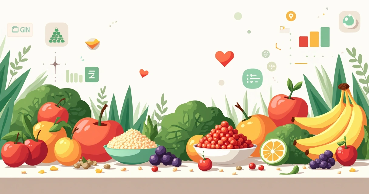 Ilustração corporativa plana de uma mesa com alimentos saudáveis variados como frutas, verduras, grãos e legumes organizados em pratos coloridos 
