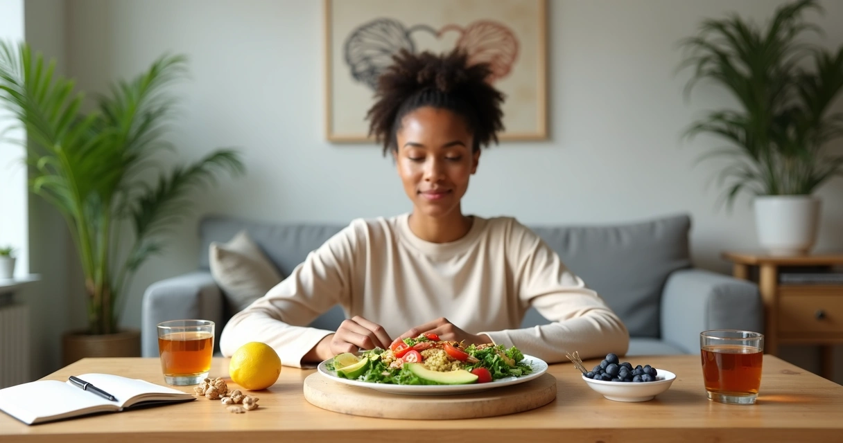 Pessoa sentada à mesa com alimentos saudáveis e ilustração de cérebro em equilíbrio ao fundo 