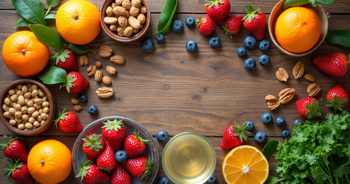 Frutas frescas e verduras variadas ao lado de um copo de água e pequenas porções de oleaginosas.