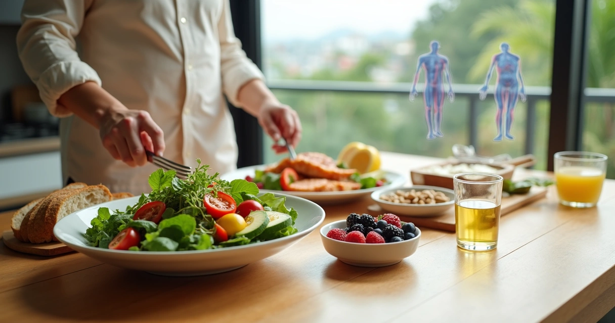 Mesa com alimentos saudáveis em destaque e desenho de sistema vascular ao fundo 