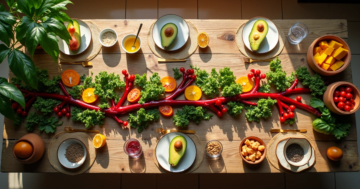 Mesa com alimentos saudáveis em formato de veia estilizada 