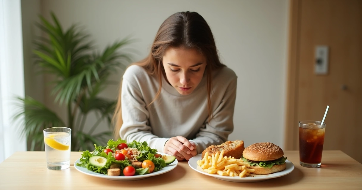 Persona reflexiva frente a platos que representan comida saludable y emocional 