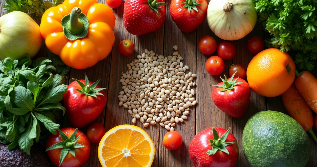 Frutas, legumes e sementes ricas em fibra sobre mesa de madeira 