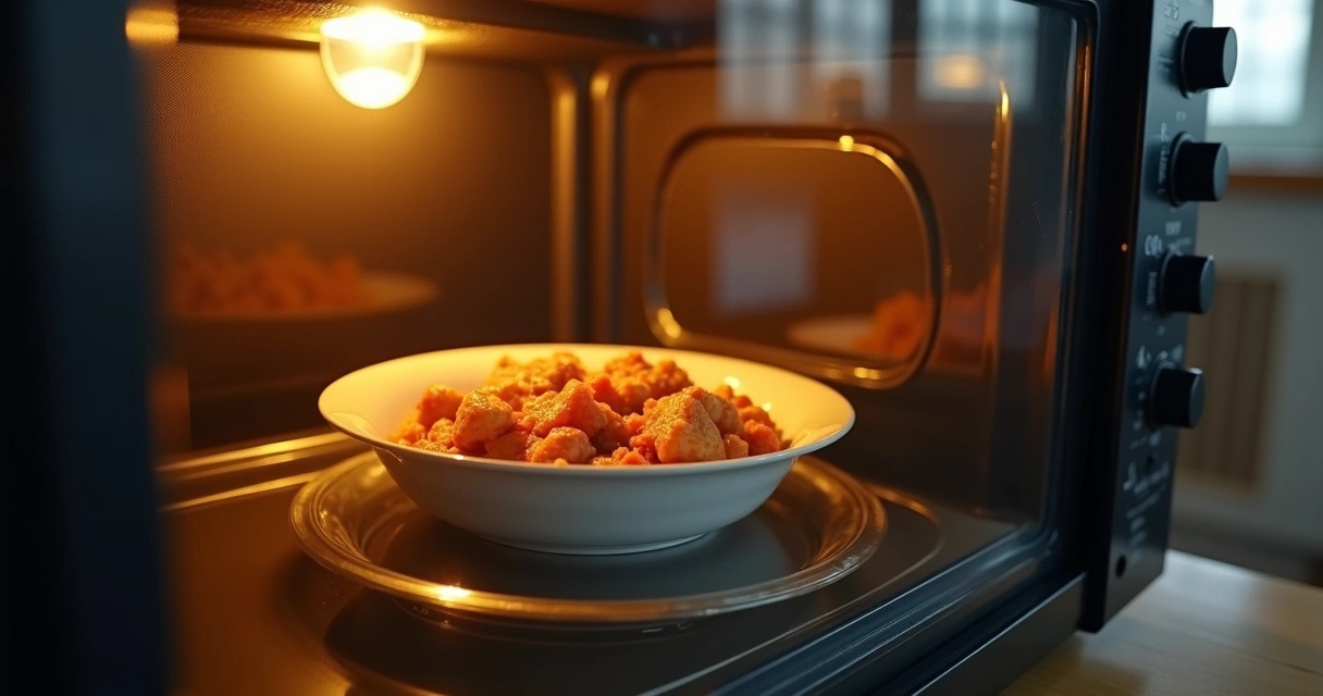 Alimento em prato girando dentro do micro-ondas 