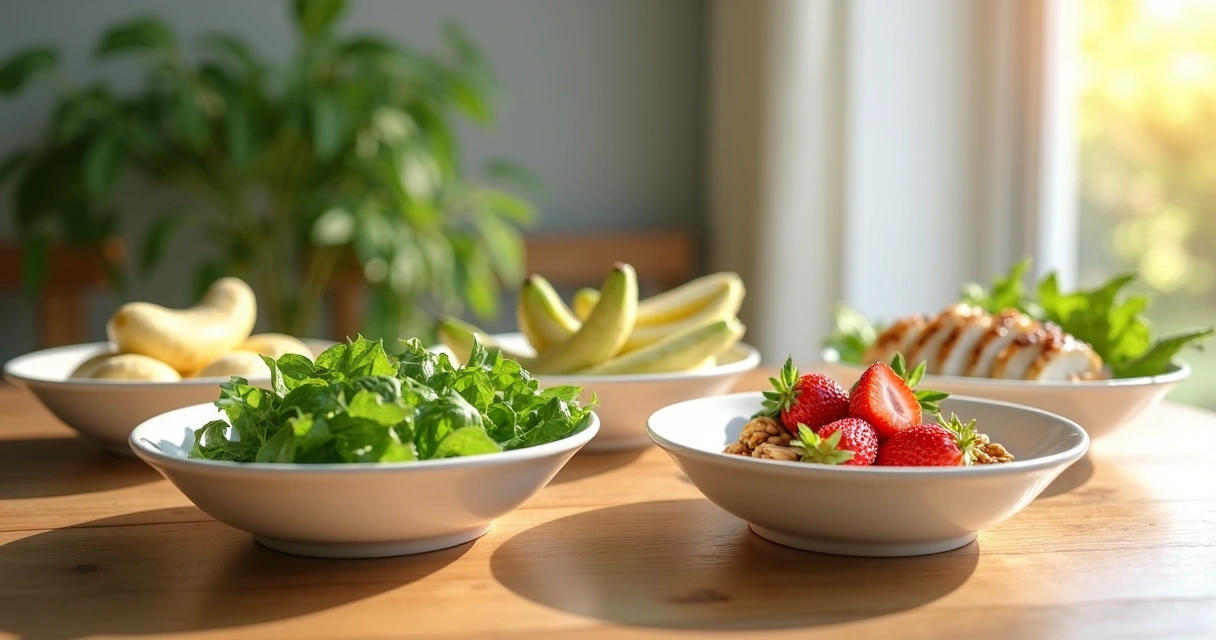Alimentos saudáveis em tigelas de porcelana e frutas verdes sobre mesa clara 