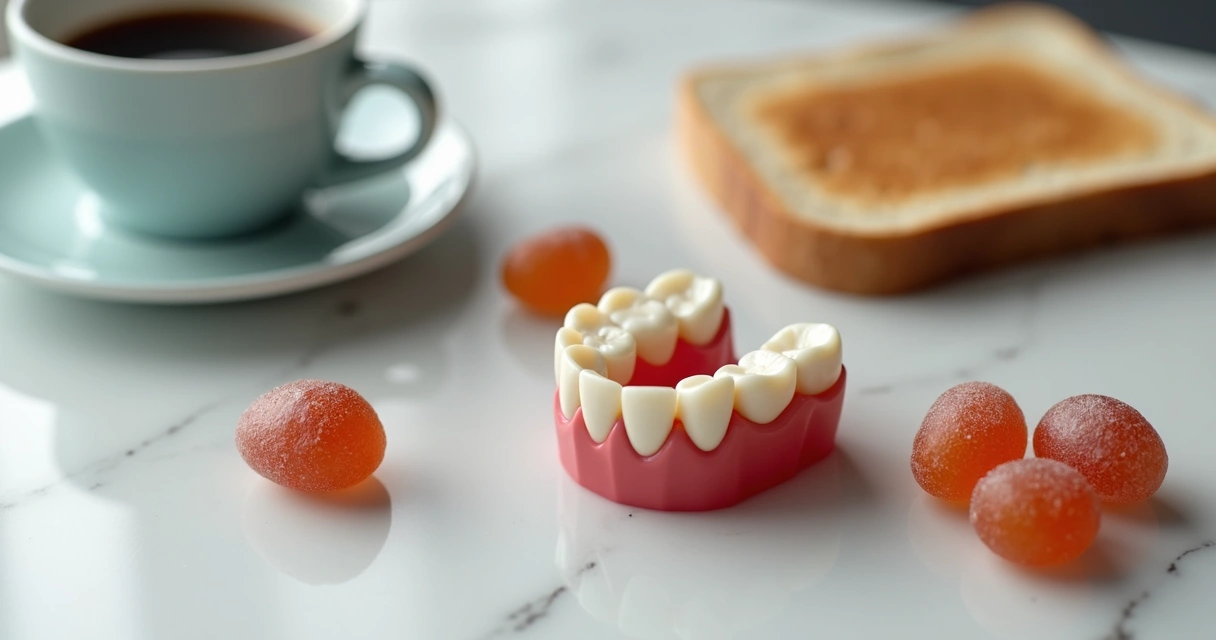 Prótese flexível ao lado de exemplos de alimentos pegajosos, duros e bebidas escuras 