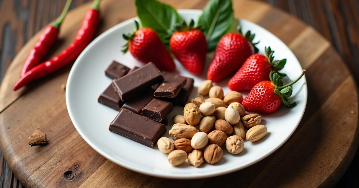 Prato branco com alimentos afrodisíacos como morangos, castanhas e pedaços de chocolate