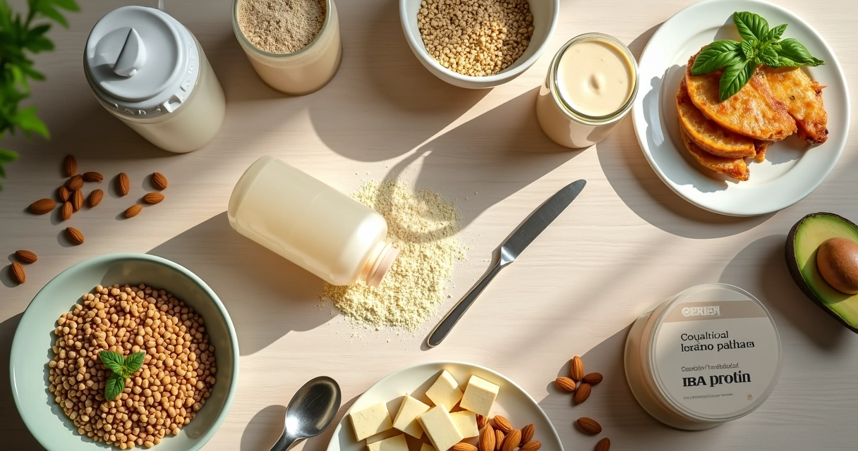 Mesa com opções de alimentos que substituem o whey protein 