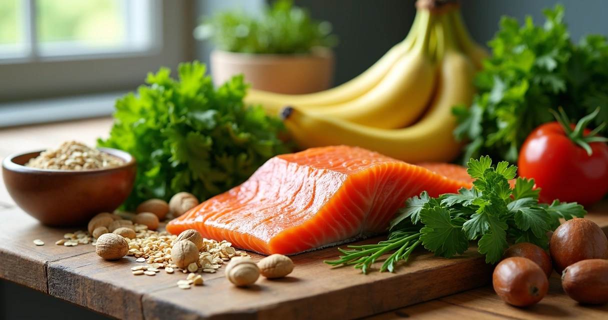 Frutas, vegetais escuros, salmão e castanhas em uma bancada de cozinha 