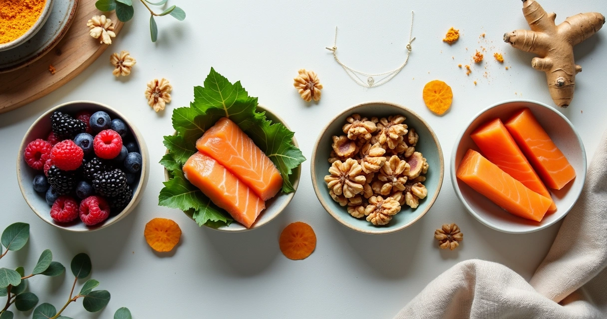 Mix de alimentos anti-inflamatórios para mulheres em tigelas