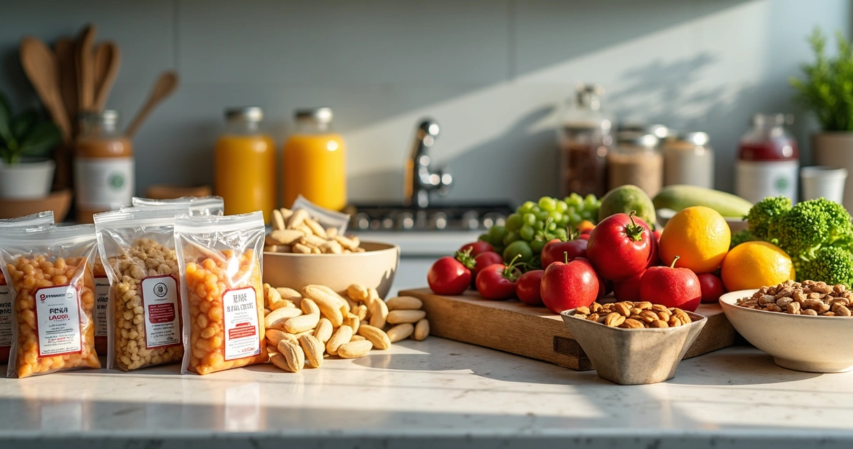 Vários alimentos industrializados e naturais lado a lado em bancada de cozinha claro
