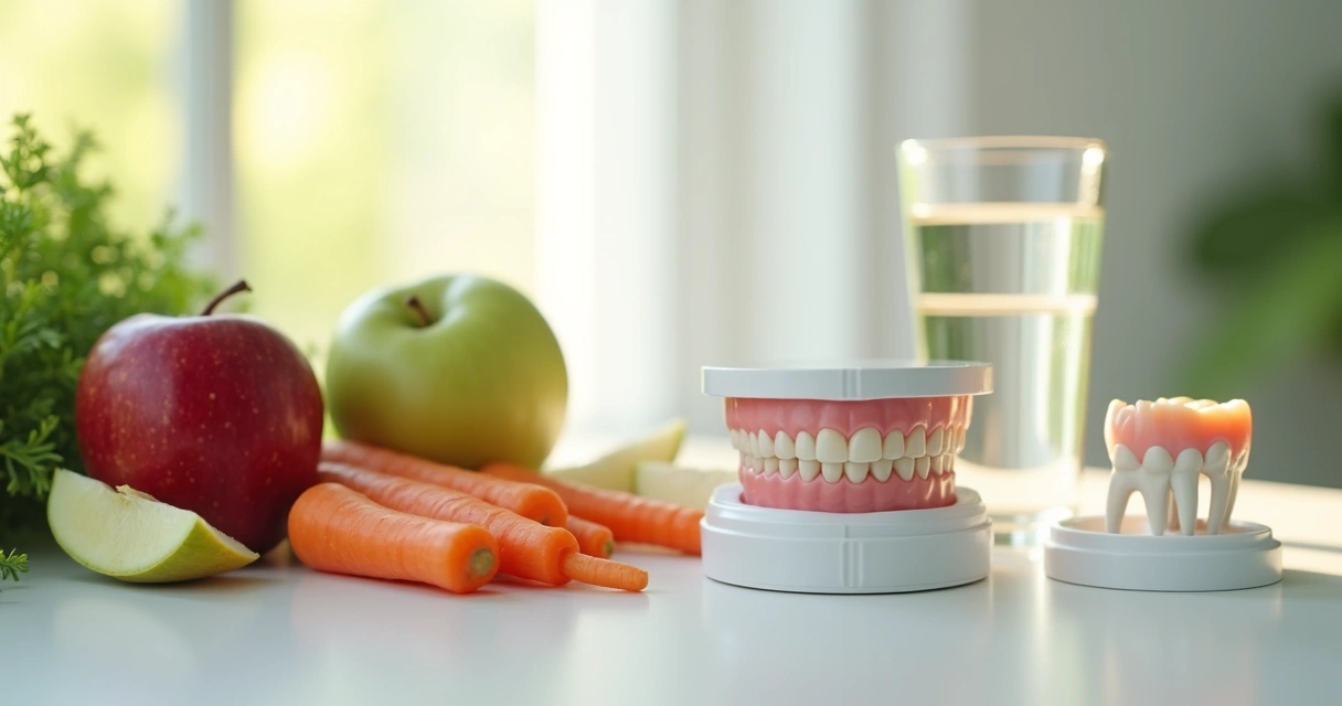 Alimentos naturais ao lado de prótese flexível e um copo de água 