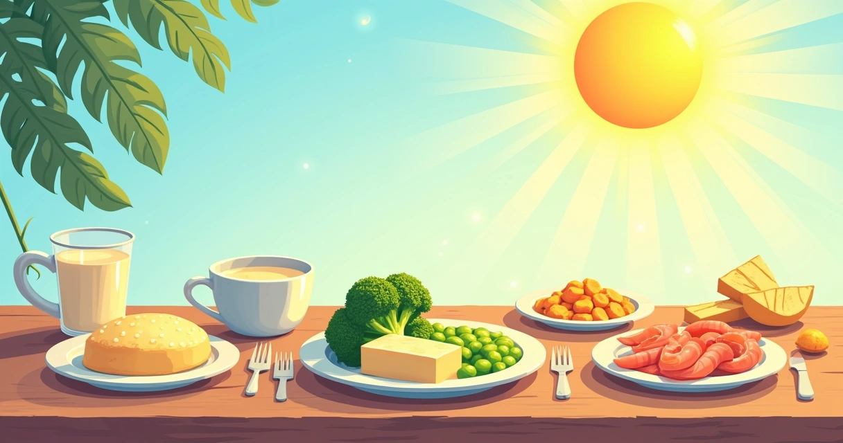 Alimentos saudáveis ricos em cálcio e vitamina D em uma mesa de madeira, com leite, queijo, salmão, brócolis e mais.