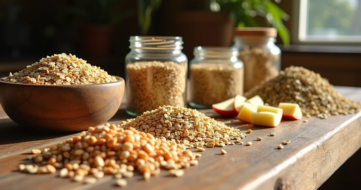 Diversos tipos de alimentos de cavalo sobre mesa de madeira 