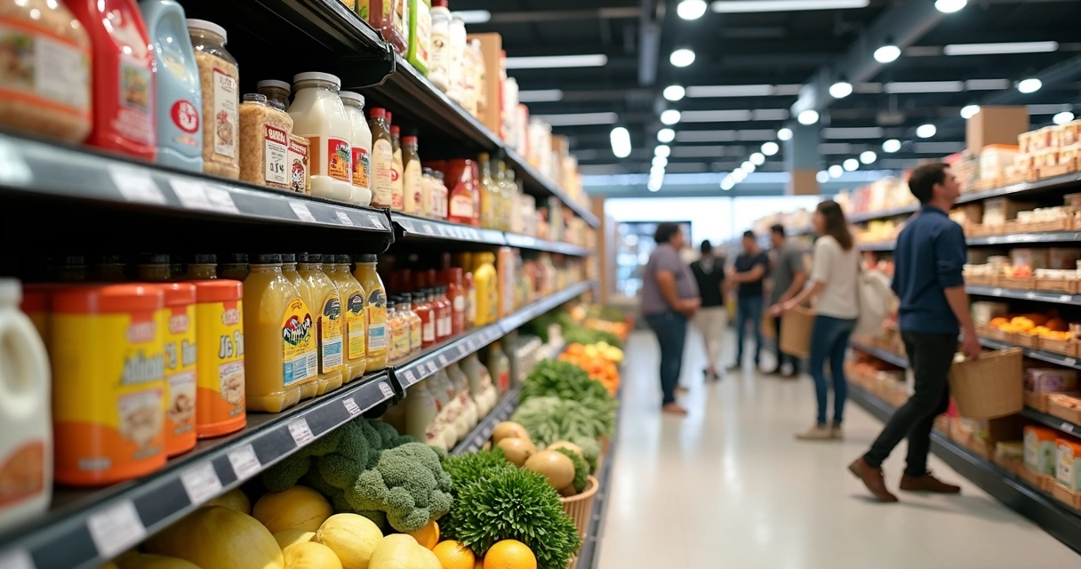 Variedade de produtos da cesta básica em prateleira de supermercado 