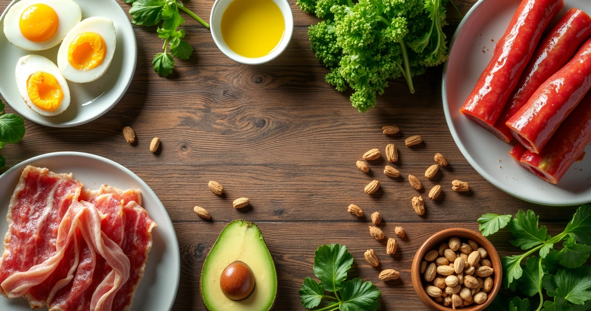Diversos alimentos cetogênicos sobre mesa de madeira, como ovos, abacate, carnes e brócolis. 