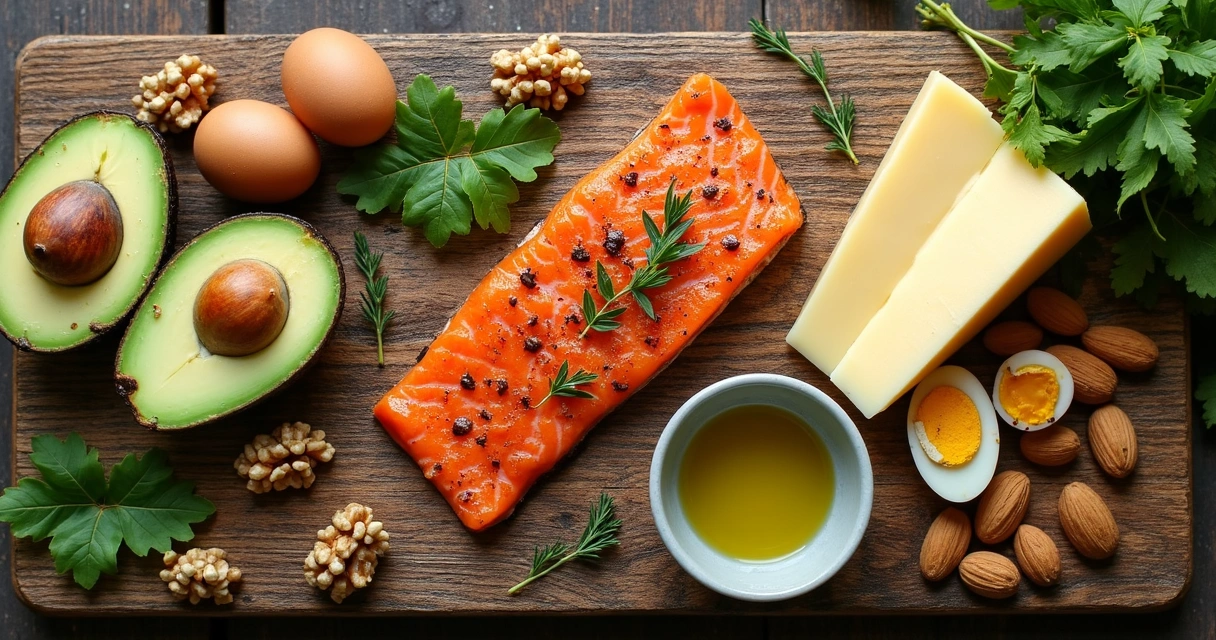 Diversos alimentos ricos en grasas y proteínas dispuestos sobre una mesa 