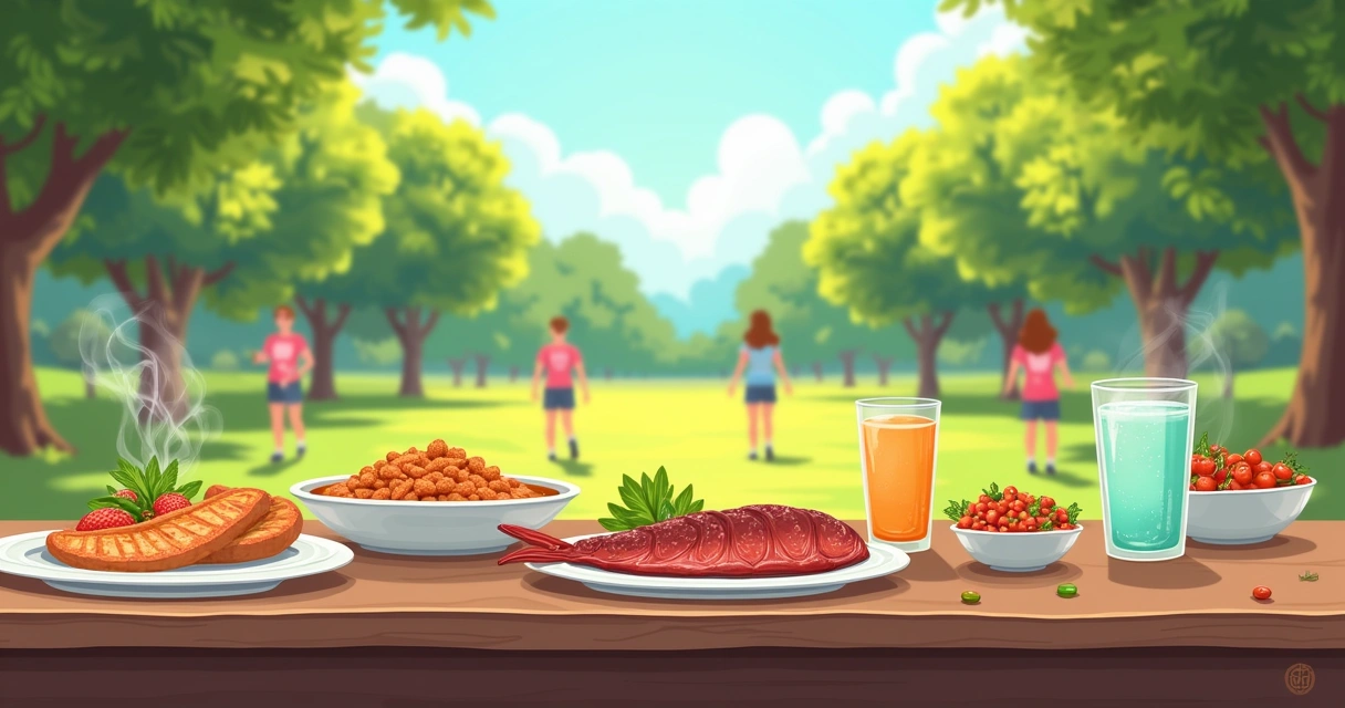 Alimentos e suplementos de colágeno em uma mesa com fundo de parque ensolarado, simbolizando saúde articular.