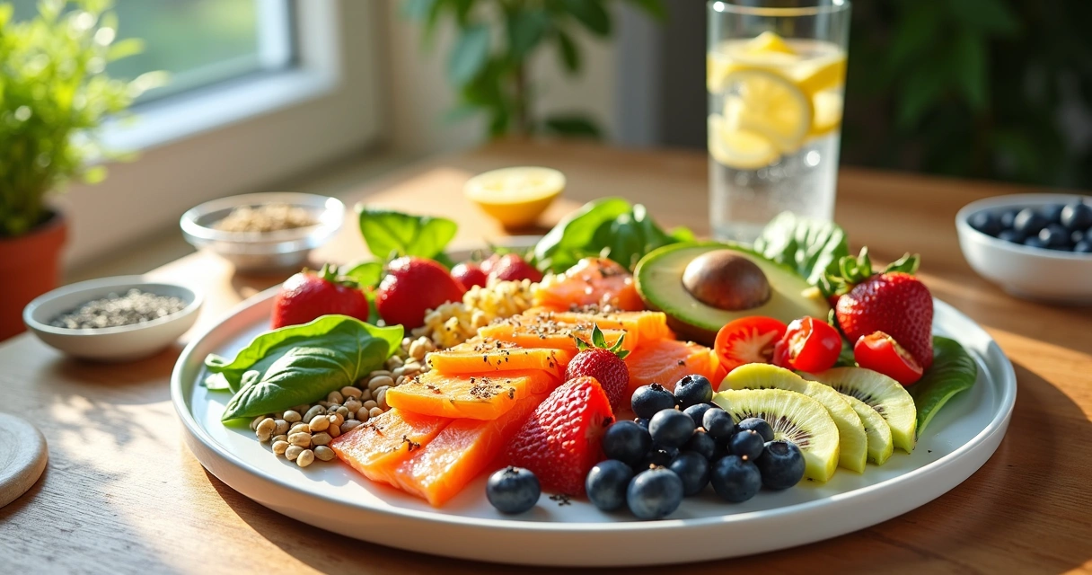 Prato colorido com alimentos ricos em colágeno sobre bancada de madeira clara 