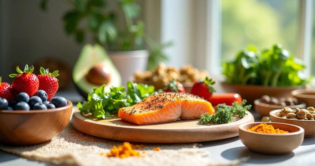 Mesa com alimentos variados como salmão, mirtilos, castanhas, e cúrcuma expostos de forma colorida e atraente. 