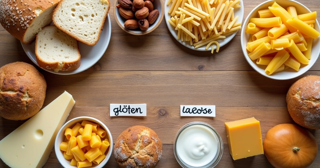 Alimentos com glúten e derivados de leite sobre mesa 