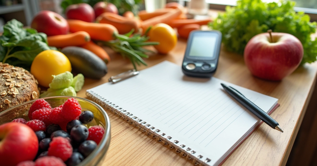 Mesa com frutas, vegetais, fibras e pratos frescos para controle do diabetes