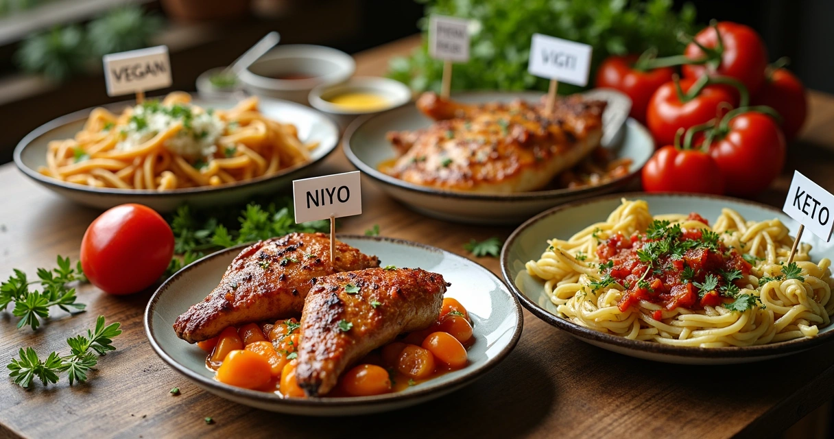 Alimentos separados por tipos de dieta na mesa 