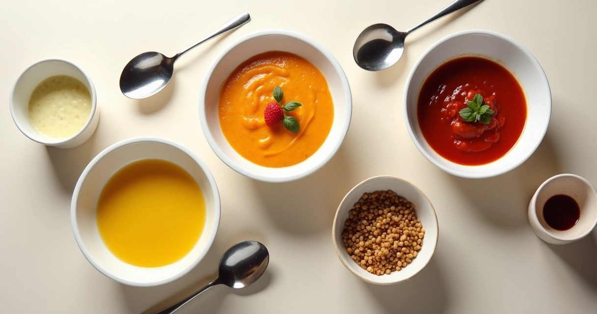 Diferentes pratos com alimentos preparados em texturas adaptadas para disfagia, exibindo puree, sopas espessas, sucos engrossados e posicionado sobre fundo claro.