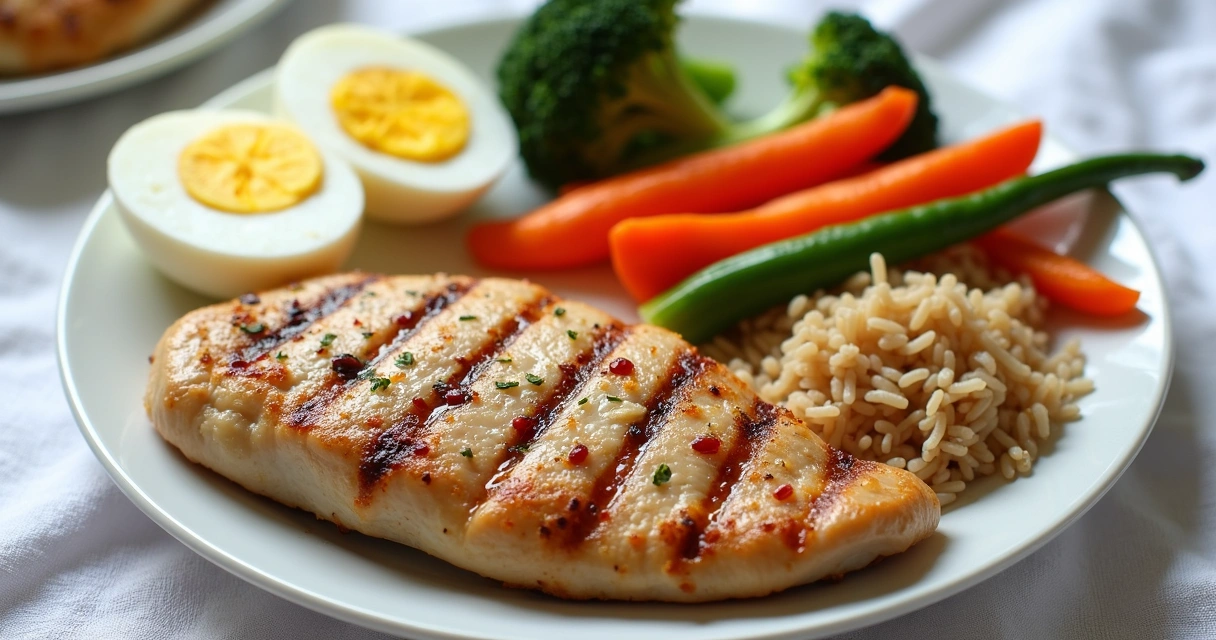 Prato de comida saudável com proteínas, vegetais e carboidratos 