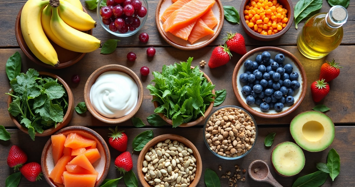 Alimentos variados como frutas, vegetais, nozes e peixes em mesa de madeira