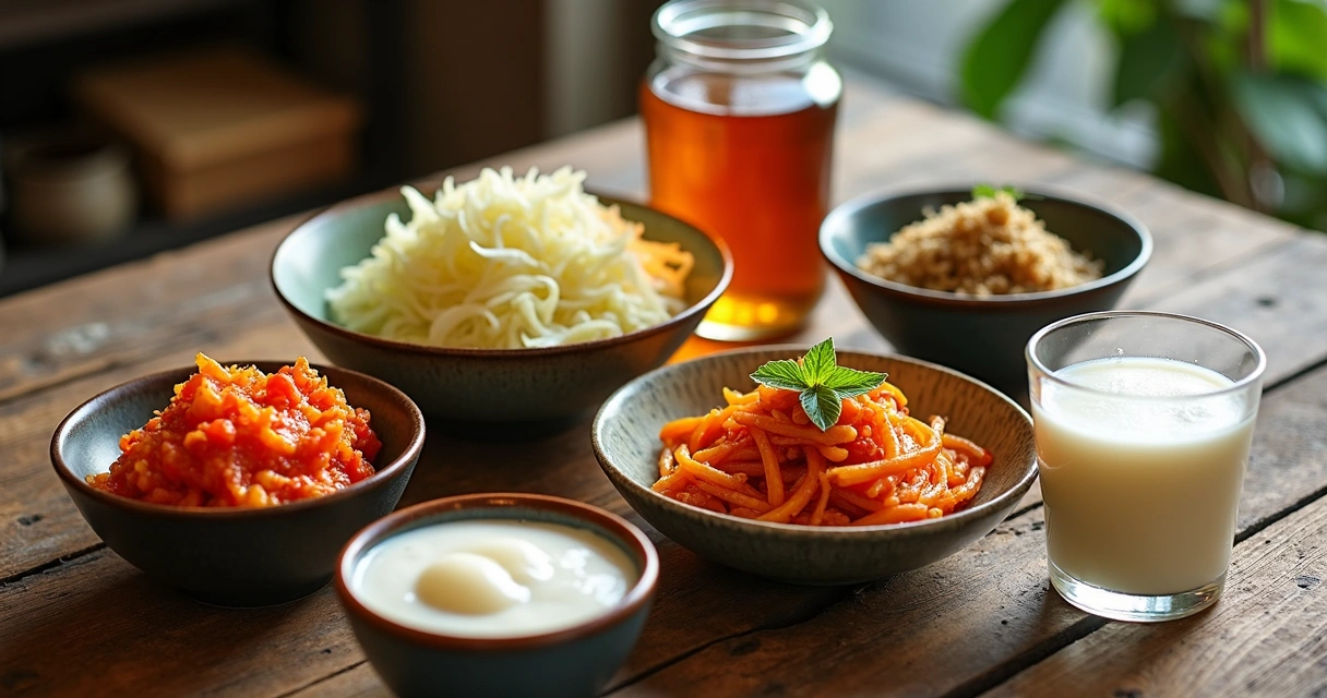 Alimentos fermentados organizados sobre uma mesa de madeira 
