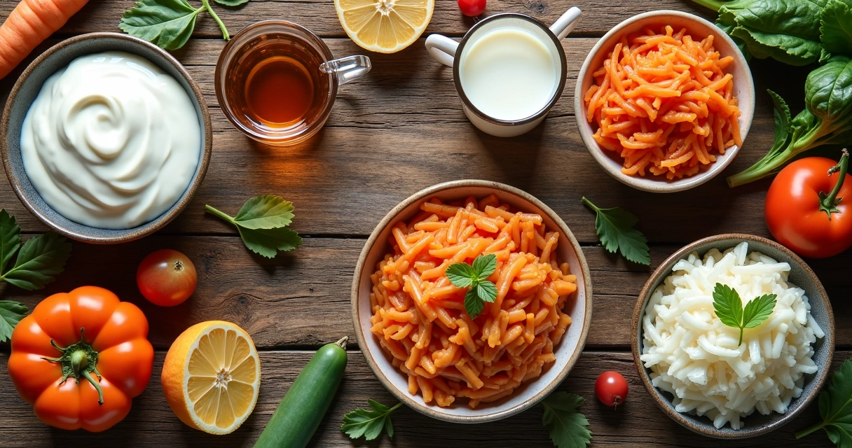 Vários alimentos fermentados distribuídos na mesa 