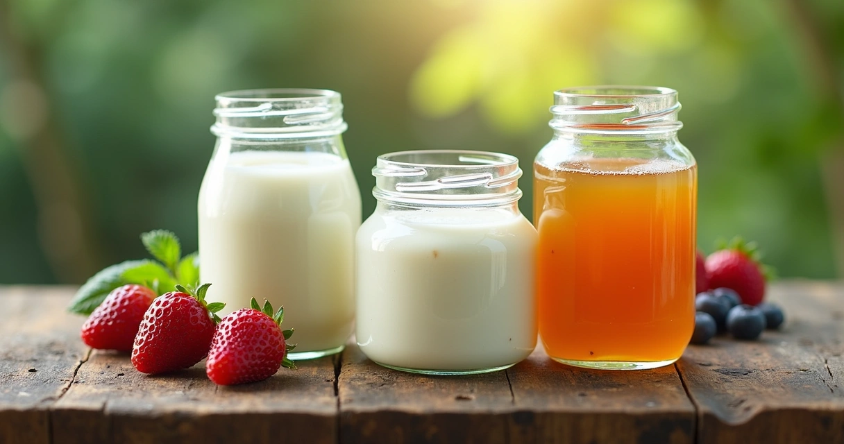 Iogurte, kefir e kombucha em potes de vidro em cima de mesa de madeira