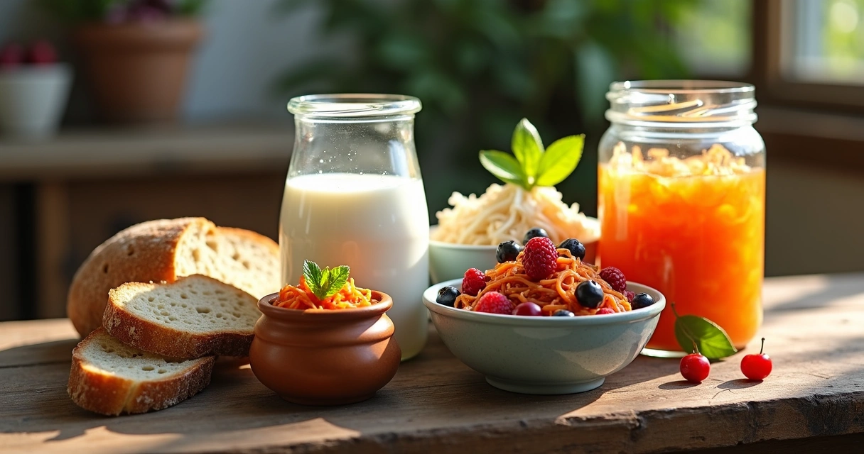 Diversos alimentos fermentados ricos em probióticos. 