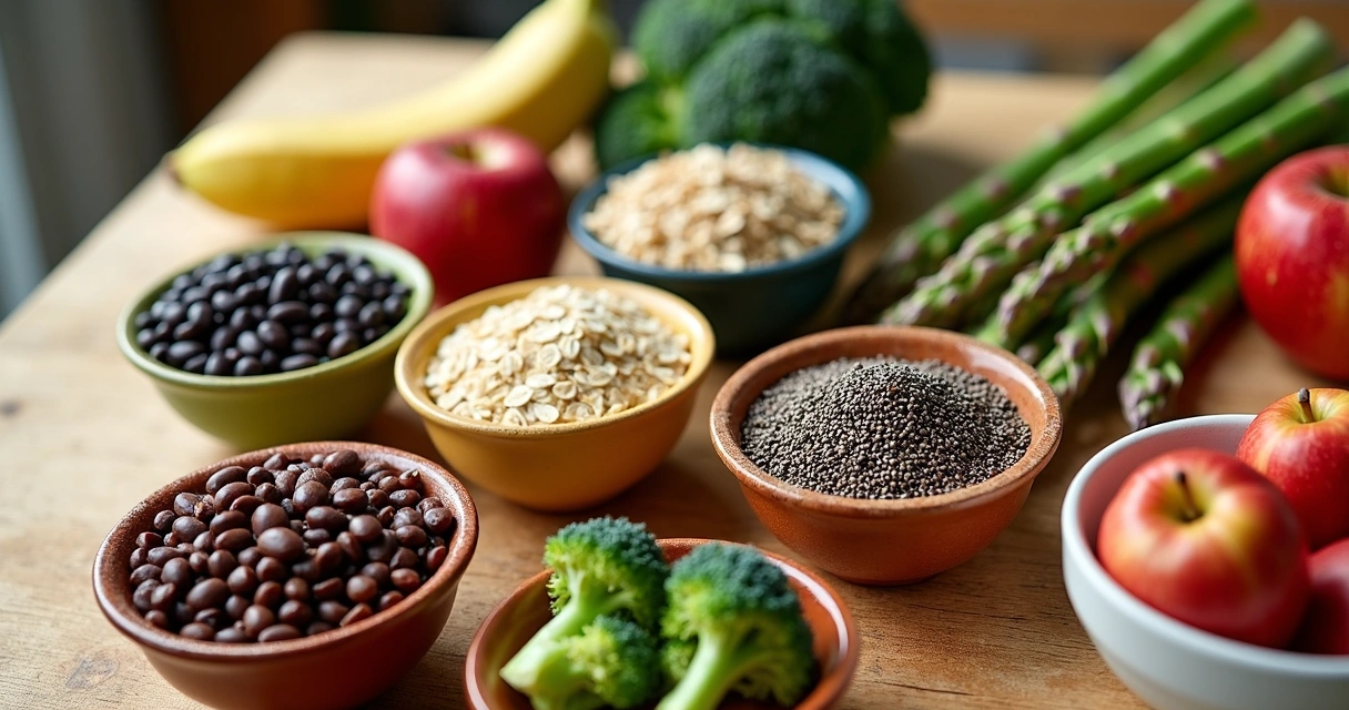 Alimentos ricos em fibras naturais organizados em mesa 