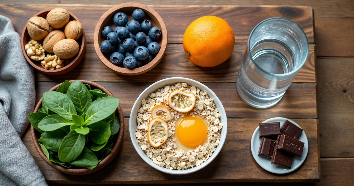 Mesa com alimentos frescos para foco diário 