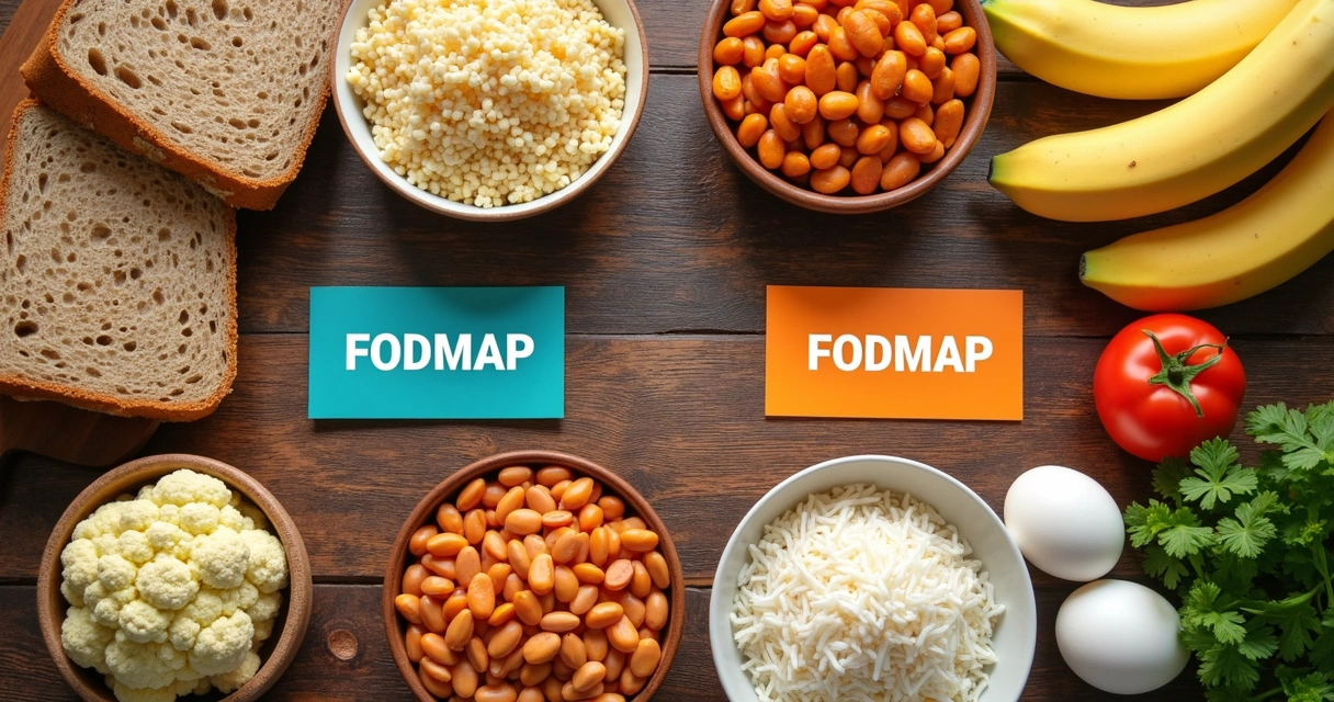 Vários alimentos ricos e pobres em FODMAPs sobre uma mesa de madeira, com etiquetas coloridas identificando-os. 