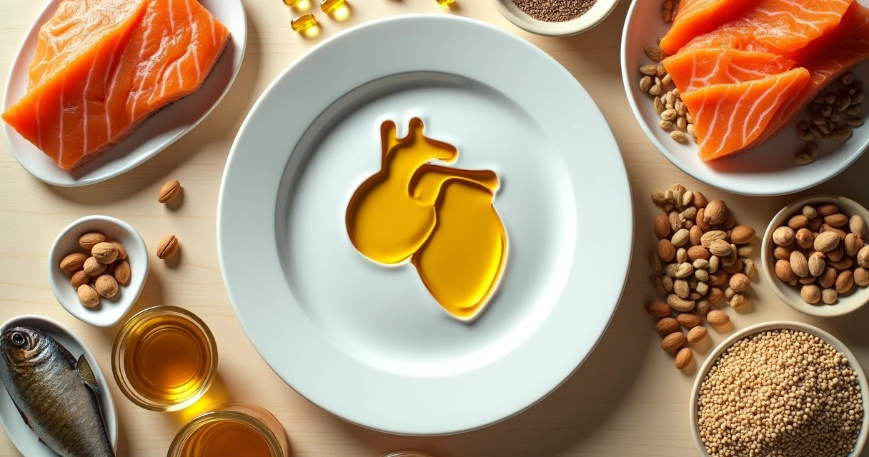 Mesa com seleção de alimentos ricos em ômega 3 6 e 9 ao redor de ilustração de coração saudável 