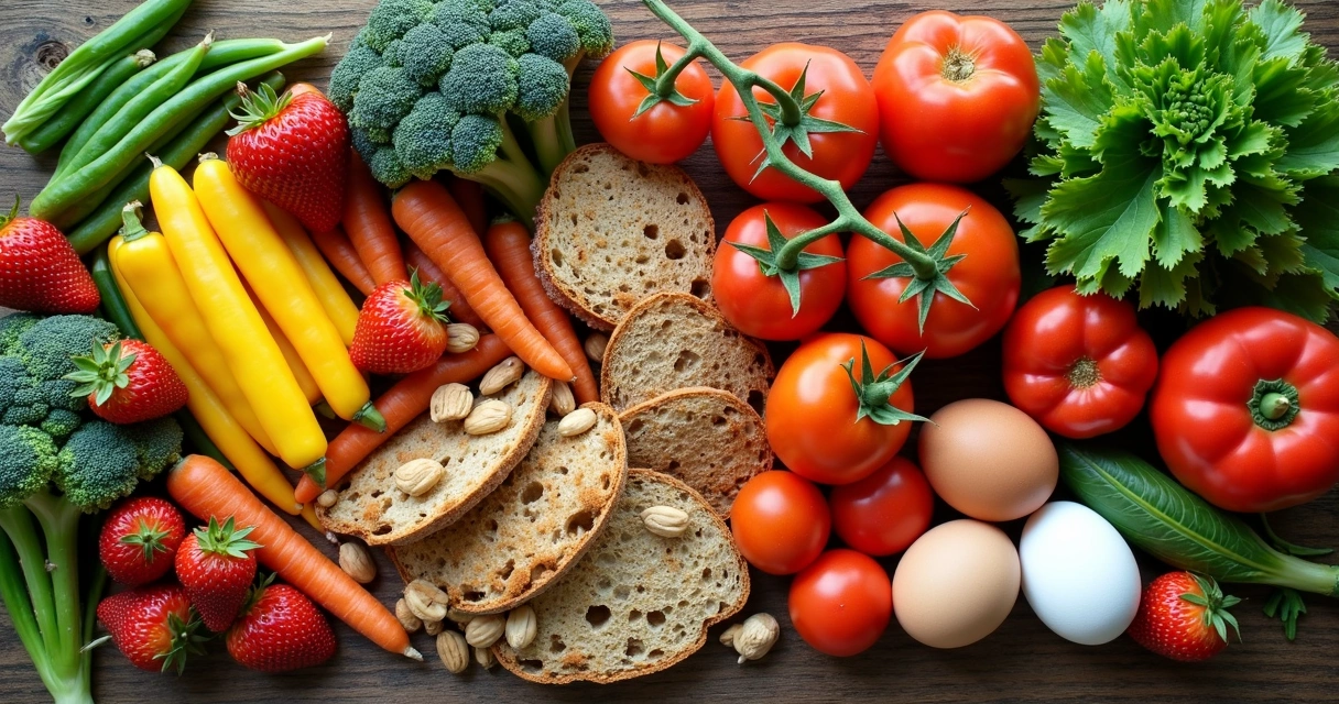 Diversos alimentos frescos coloridos em uma mesa de madeira 