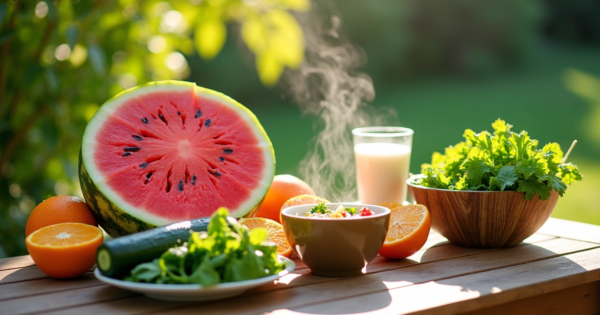 Uma mesa colorida externa com melancia, laranja, pepino, salada e sopa, criando uma atmosfera refrescante.