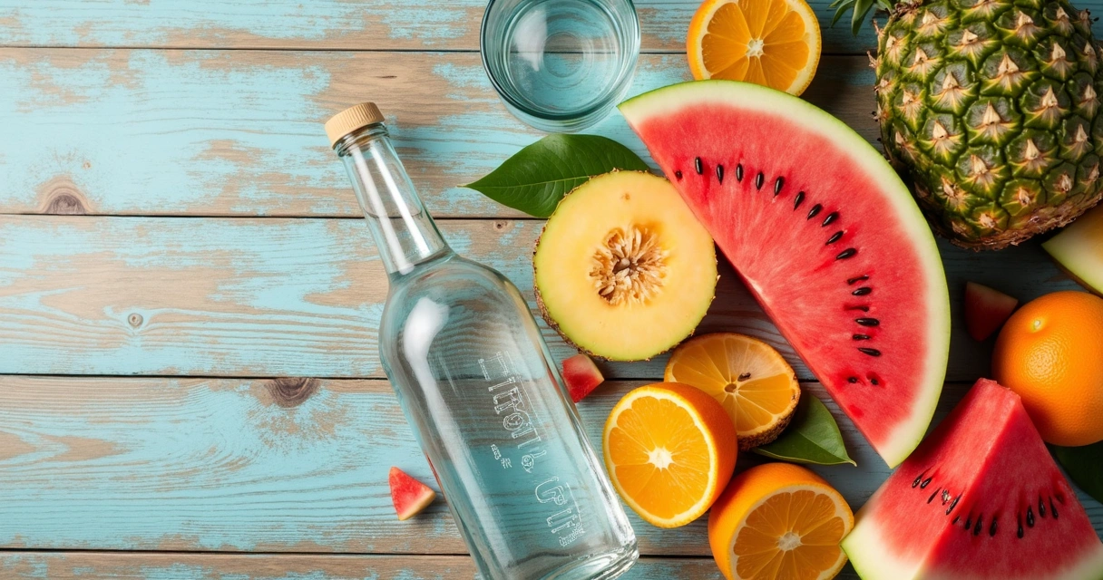 Frutas de verão e garrafa d’água sobre mesa