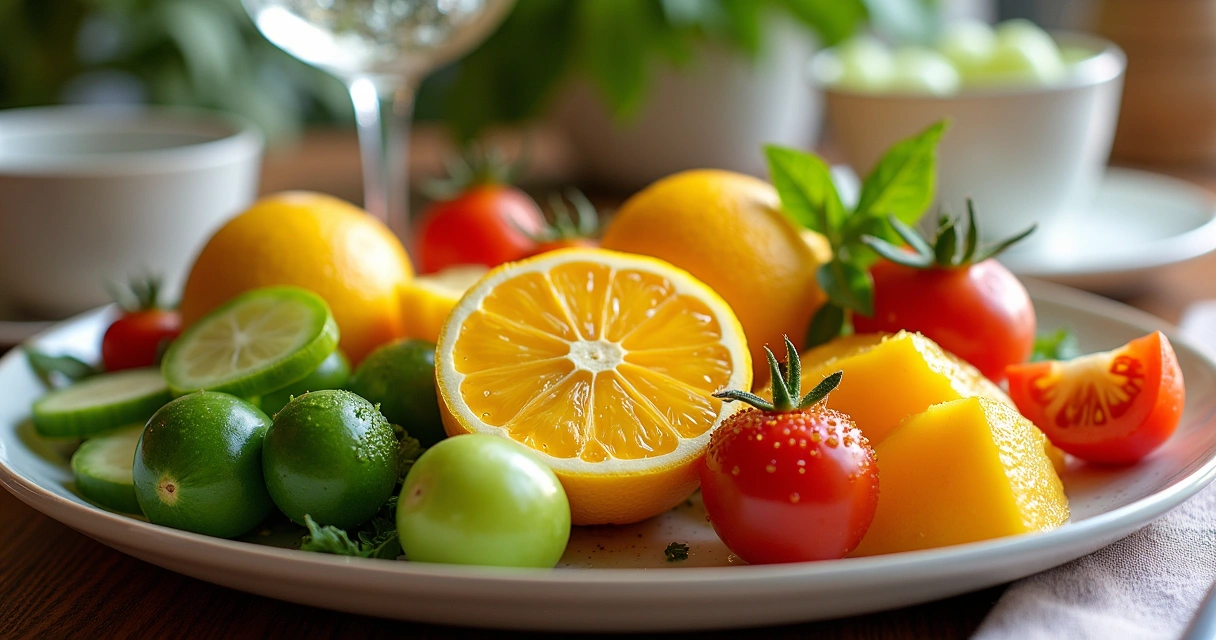 Frutas como melancia, pepino, tomate, morango e espinafre em uma mesa de madeira, representando alimentos ricos em água.