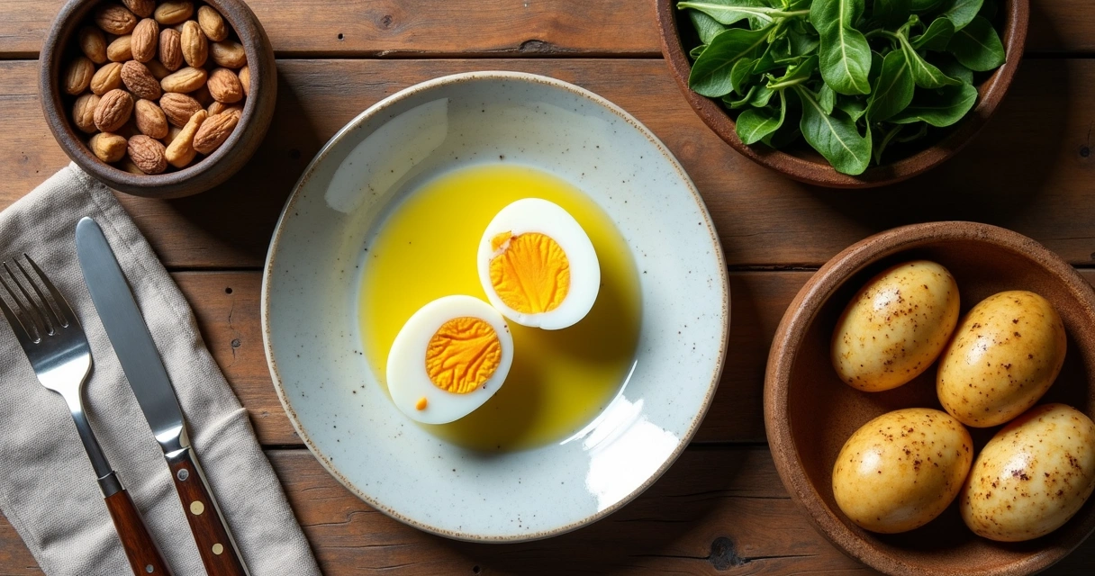Prato com ovos, castanhas, azeite, batatas e folhas verdes 