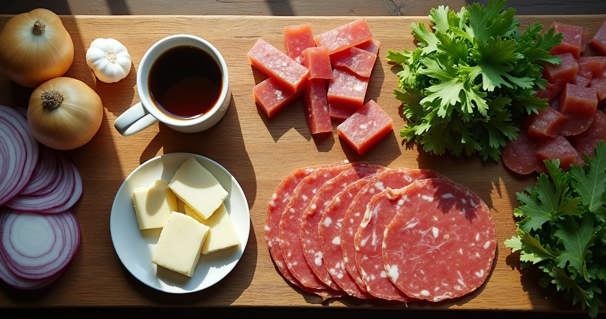 Alimentos variados, incluindo cebola, alho e café, dispostos sobre a mesa 