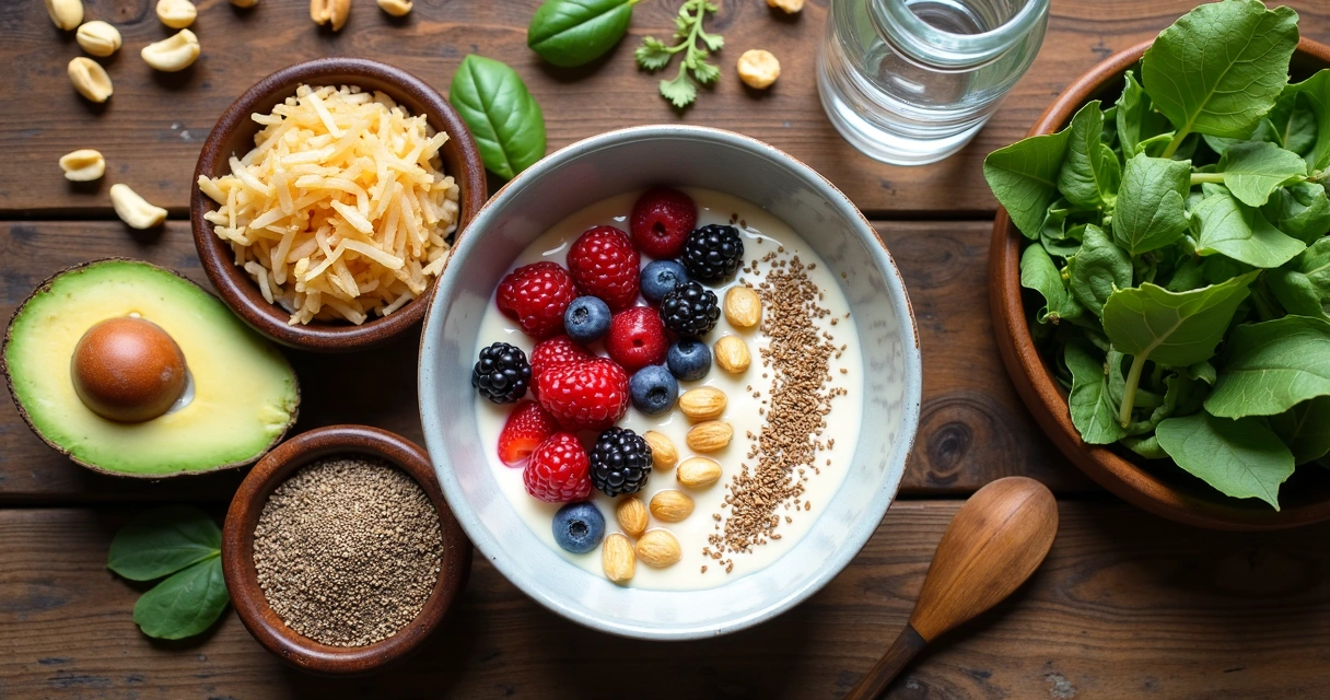 Alimentos naturais ricos em fibras, probióticos e ômega-3 dispostos em mesa de madeira